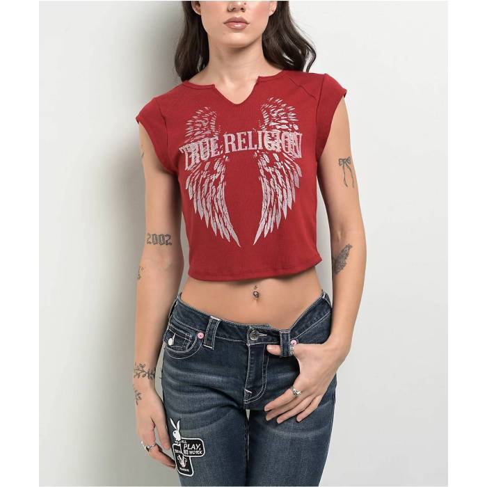 【★百貨店SALE★6/11十二時2時迄】トゥルーレリジョン True Religion 【 Crystal Wing Notch Rib Red Crop T-Shirt Women\u0027s Red 】 Red 赤・赤いこと Crop クロップ プルオーバー レディース Red 赤・赤いこと