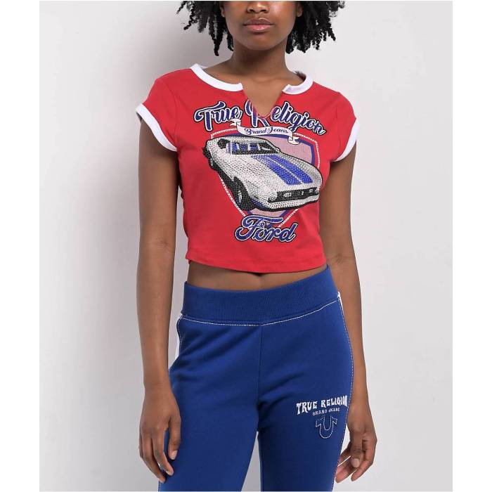 トゥルーレリジョン True Religion 【 Ford X  Crystal Mustang Aurora Red Crop T-Shirt Women Red 】 Red 赤・レッド Crop クロップ Tシャツ レディース Red 赤・レッド
