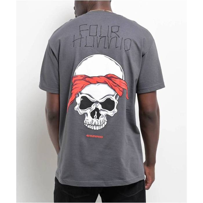 【★百貨店SALE★6/11真夜中2時迄】4Hunnid 【 Skull Ties Charcoal T-Shirt Men\u0027s Charcoal 】 濃灰色 ティーシャツ メンズ 濃灰色