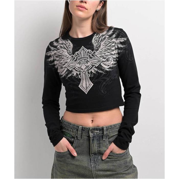 アフリクション Affliction 【 Ayala Skull Black Long Sleeve Crop T-Shirt Women's Black 】 黒色 ブラック Sleeve スリーブ Crop クロップ Tシャツ レディース 黒色 ブラック