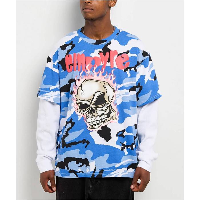 エンパイア Empyre 【 Skull Loose Screw Blue & White 2Fer Long Sleeve T-Shirt Men's Camouflage 】 青色 ブルー 白色 ホワイト Sleeve スリーブ Tシャツ メンズ