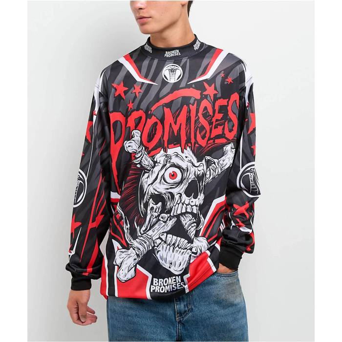 【★百貨店SALE★6/11真夜中2時迄】Broken Promises 【 Bone Biter Black \u0026 Red Jersey Men\u0027s Black 】 黒いこと 黒いこと Red 赤・赤いこと ティーシャツ メンズ 黒いこと 黒いこと