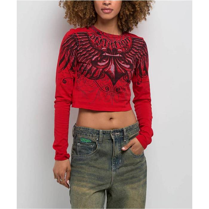 アフリクション Affliction 【 Ice Blade Red Long Sleeve Crop T-Shirt Women's Red 】 Red 赤・レッド Sleeve スリーブ Crop クロップ Tシャツ レディース Red 赤・レッド