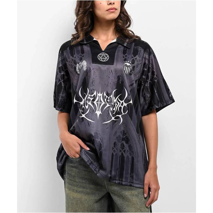 【★百貨店SALE★6/11真夜中2時迄】Insomnia Visuals 【 Insomnia Sinister Black \u0026 Grey Soccer Jersey Women\u0027s Black 】 黒いこと 黒いこと 薄墨色 薄墨色 Soccer 蹴球 ティーシャツ レディース 黒いこと 黒いこと