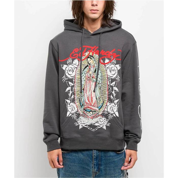【★百貨店SALE★6/11十二時2時迄】エドハーディー Ed Hardy 【 Mary Rhinestone Charcoal Hoodie Men\u0027s Charcoal 】 濃灰色 フーディー パーカー メンズ 濃灰色