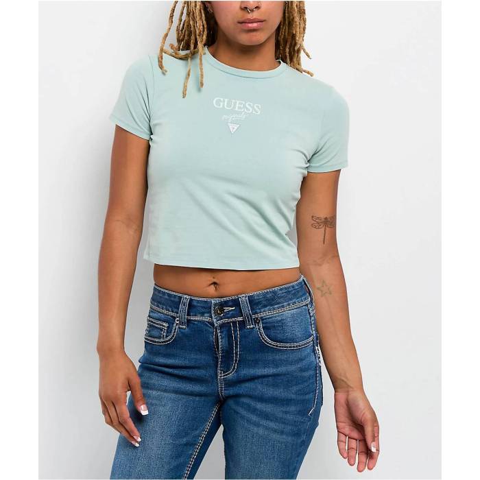 【★百貨店SALE★6/11十二時2時迄】ゲス Guess 【 Vintage Baker Light Blue Crop T-Shirt Women\u0027s Light Pastel Green 】 vintage ビンテージ・ヴィンテージ 青み 青色 Crop クロップ プルオーバー レディース green 緑・緑であること