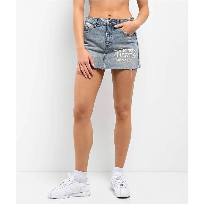 【★百貨店SALE★6/11十二時2時迄】エドハーディー Ed Hardy 【 Sacred Heart Light Wash Cutoff Mini Skirt Women\u0027s Light Pastel Blue 】 レディース 青み 青色