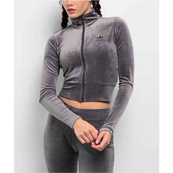 【★百貨店SALE★6/11真夜中2時迄】アディダス Adidas 【 Originals Essentials Grey Velour Zip Crop Track Jacket Women\u0027s Medium Purple 】 オリジナルス 薄墨色 薄墨色 天鵞絨 Crop クロップ 貨物自動車 Jacket 上衣 レディース Purple 紫・パープル
