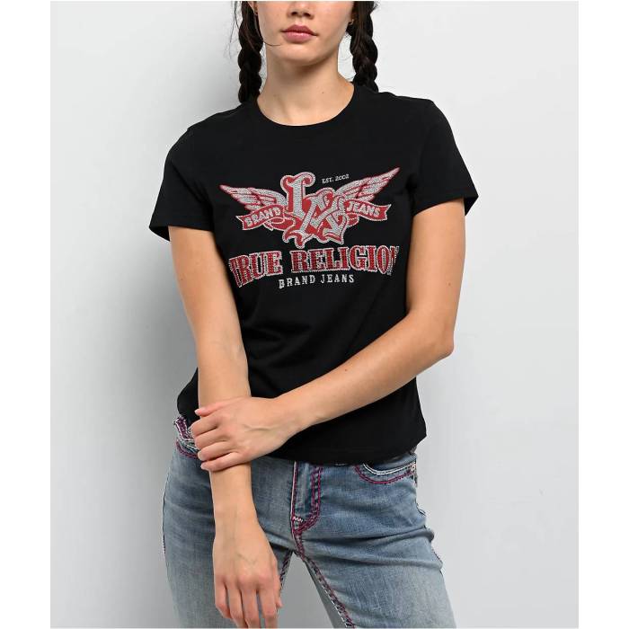 トゥルーレリジョン True Religion 【 Wing Crystal Black Crop T-Shirt Women's Black 】 黒色 ブラック Crop クロップ Tシャツ レディース 黒色 ブラック｜スニケス