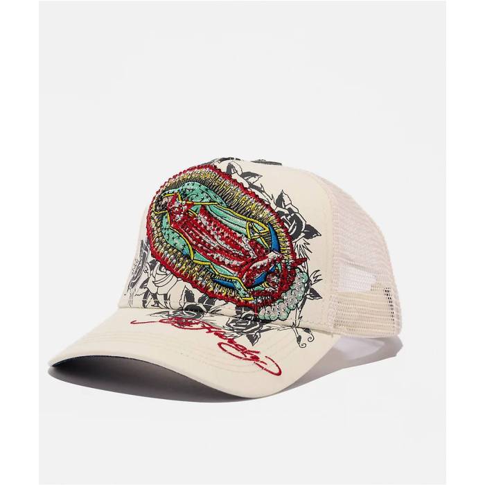 【★百貨店SALE★6/11真夜中2時迄】エドハーディー Ed Hardy 【 Mary Rhinestone Ivory Trucker Hat Men\u0027s Natural 】 象牙色 トラッカー メンズ 自然的