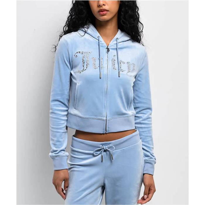 【★百貨店SALE★6/11十二時2時迄】ジューシークチュール Juicy Couture 【 Front Bling Frosted Velour Zip Hoodie Women\u0027s Light Pastel Blue 】 天鵞絨 フーディー パーカー レディース 青み 青色