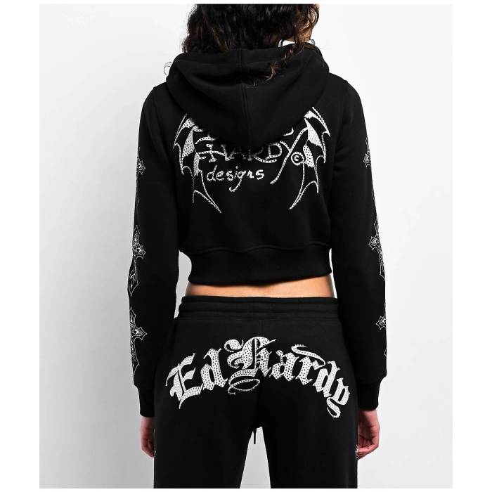 エドハーディー Ed Hardy 【 Crosses Rhinestone Black Crop Zip Hoodie Women's Black 】 黒色 ブラック Crop クロップ フーディー パーカー レディース 黒色 ブラック