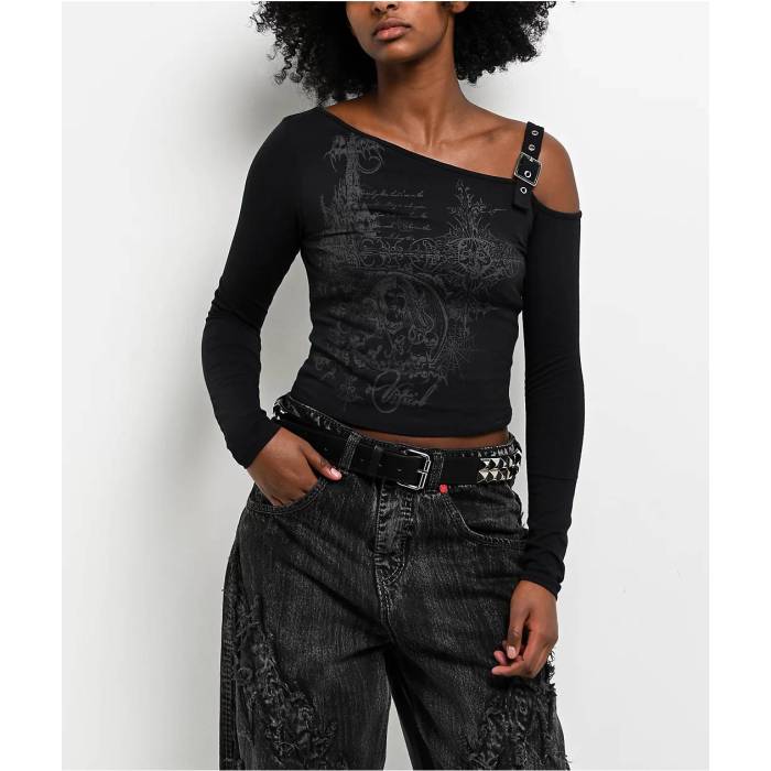 Vitriol 【 Colette Off Shoulder Black Long Sleeve Crop T-Shirt Women\u0027s Black 】 黒いこと 黒いこと Sleeve 捩り Crop クロップ プルオーバー レディース 黒いこと 黒いこと