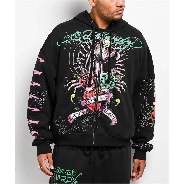 エドハーディー Ed Hardy 【 Panther Rose Rhinestone Black Zip Hoodie Men's Black 】 Rose ローズ 黒色 ブラック フーディー パーカー メンズ 黒色 ブラック