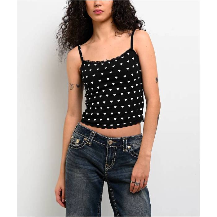 Freeworld 【 Evelyn Hearts Lace Black Crop Tank Top Women's Black 】 黒色 ブラック Crop クロップ タンクトップ レディース 黒色 ブラック