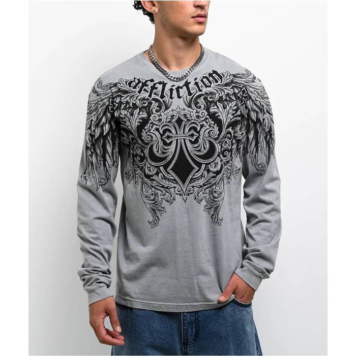 アフリクション Affliction 【 Step Of Honor Grey Long Sleeve T-Shirt Men's Grey 】 灰色 グレー Sleeve スリーブ Tシャツ メンズ 灰色 グレー｜スニケス