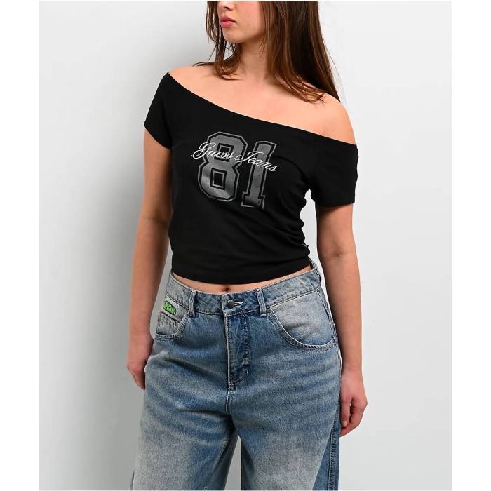 ゲス Guess 【 Jeans 81 Off Shoulder Black Crop T-Shirt Women\u0027s Black 】 デニム 黒いこと 黒いこと Crop クロップ プルオーバー レディース 黒いこと 黒いこと