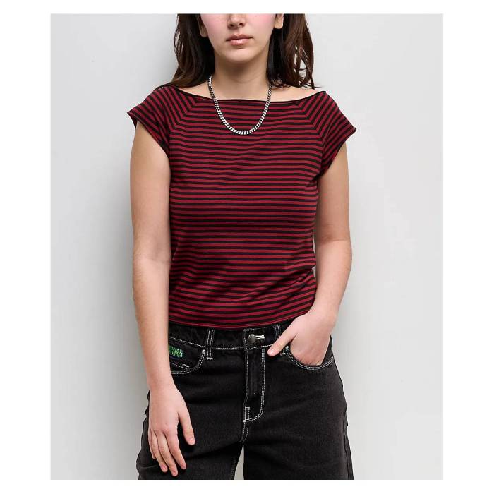 Freeworld 【 Isabel Striped Red \u0026 Black T-Shirt Women Red 】 Red 赤・レッド 黒色 ブラック Tシャツ レディース Red 赤・レッド