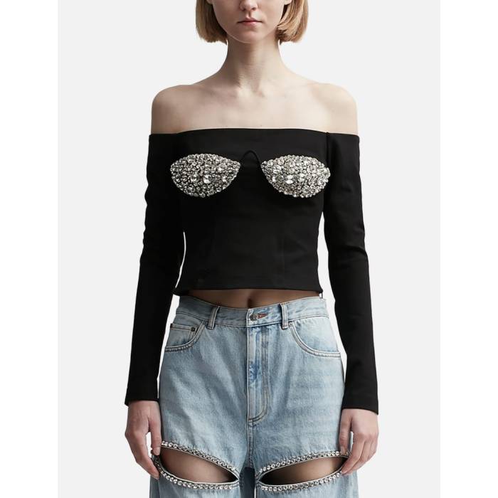 Area 【 Embroidered Crystal Cup Long Sleeve Top Women Black 】 Sleeve 捩り レディース 黒いこと 黒いこと