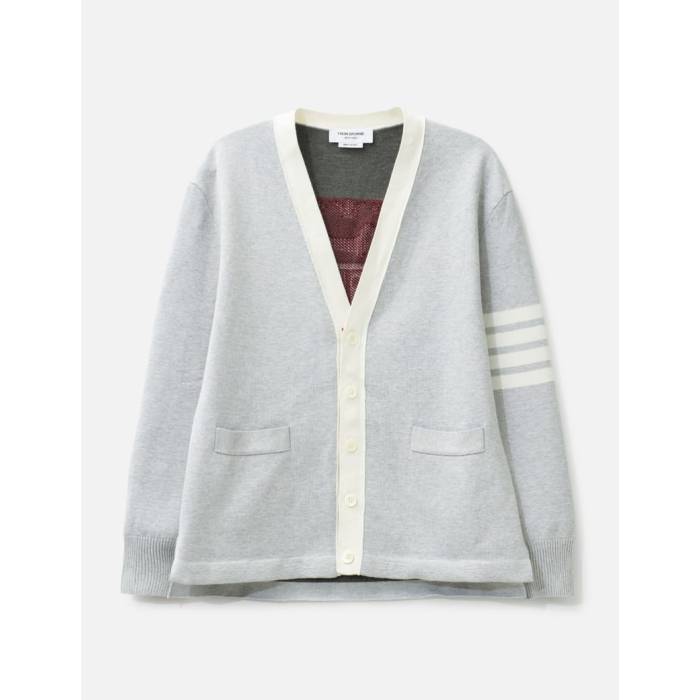 トム ブラウン Thom Browne 【 Crest Intarsia Jacquard 4-Bar Rugby Fit Cardigan Unisex Pale Grey 】 ラグビー カーディガン ユニセックス 灰色 グレー｜スニケス