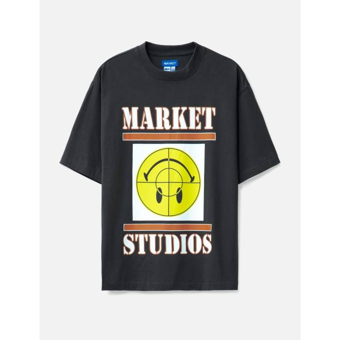 Market 【 Smiley Focus T-Shirt Men Washed Black 】 ティーシャツ メンズ 黒いこと 黒いこと メンズファッション-トップス