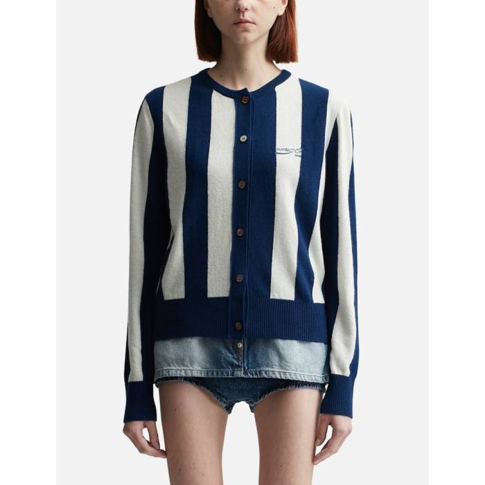 Pushbutton 【 Stripe Basic Logo Cardigan Women Navy/ White 】 Stripe 縞模様 ロゴタイプ ジレー レディース 紺色 米国海軍 白いこと 白いこと