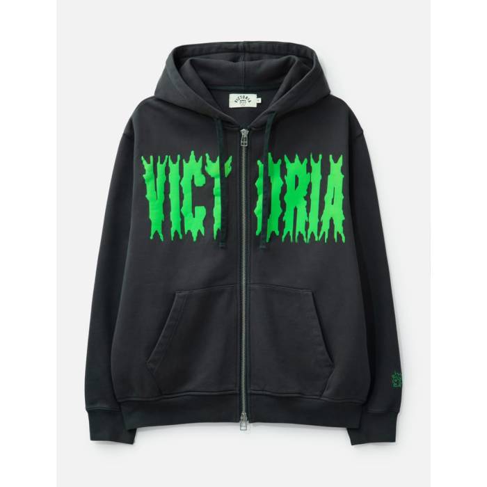 Victoria 【 Spiky Script Zip Hooded Sweatshirt Men Washed Black 】 スクリプト フード付 スウェット トレーナー メンズ 黒色 ブラック