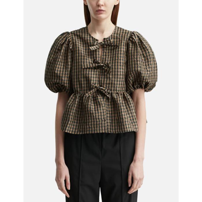 ガニー Ganni 【 Crinkled Check Blouse Women Tobacco Brown 】 レディース 葉巻きタバコ 赤銅色 赤銅色