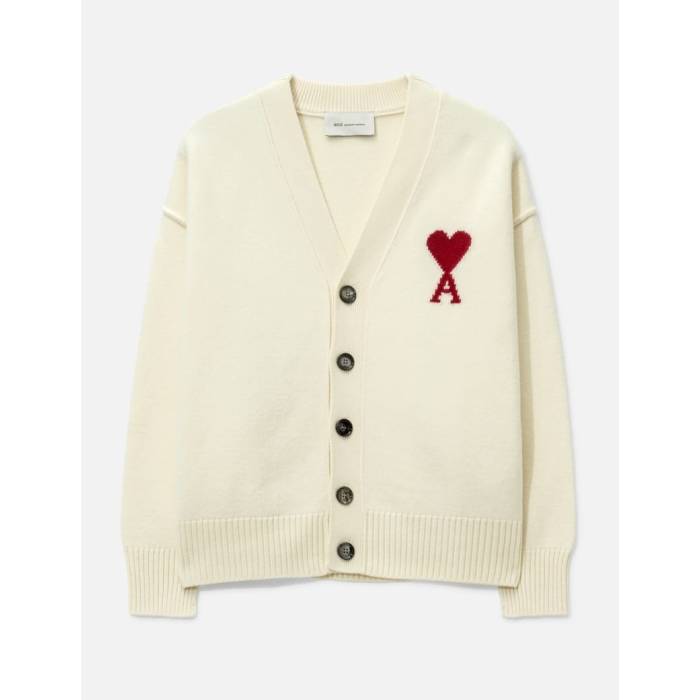 意中の女 Ami 【 Natural Wool Cardigan With Contrasted  De Coeur Unisex Off White/ Red 】 自然的 ジレー ユニ一発やる 白いこと 白いこと Red 赤・赤いこと