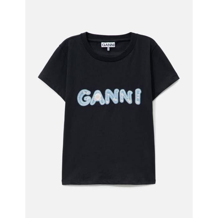 ガニー Ganni 【 Logo Embroidery Baby Fit T-Shirt Women Phantom 】 ロゴ Tシャツ レディース｜スニケス