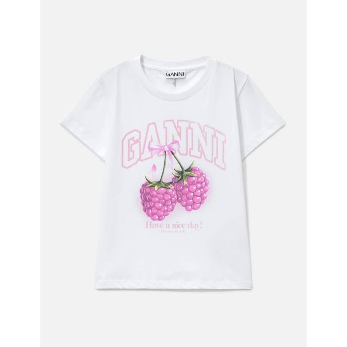 ガニー Ganni 【 Baby Fit T-Shirt With Raspberry Women Bright White 】 ティーシャツ レディース 白いこと 白いこと