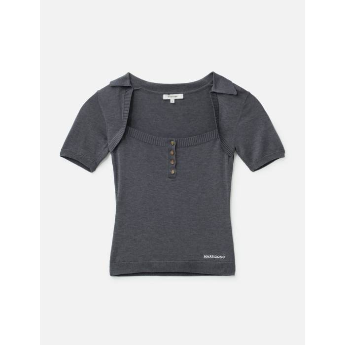 Markgong 【 Grey Knit Short-Sleeve Button-Up Knit Top Women Grey 】 薄墨色 薄墨色 編み物 レディース 薄墨色 薄墨色