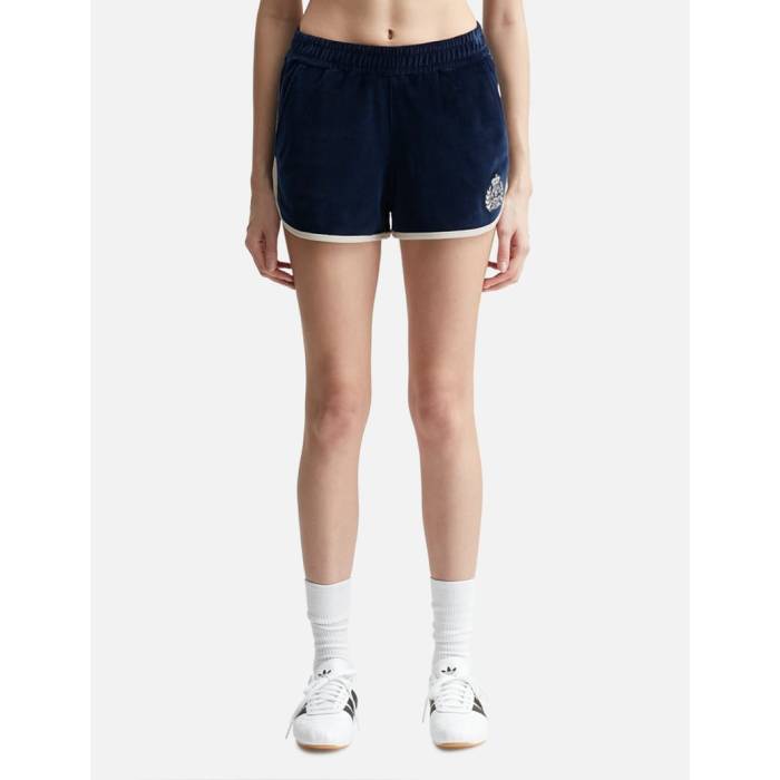 Sporty & Rich 【 Ny Crest Velour Shorts Women Navy/Cream 】 ベロア ショーツ レディース 紺色 ネイビー クリーム