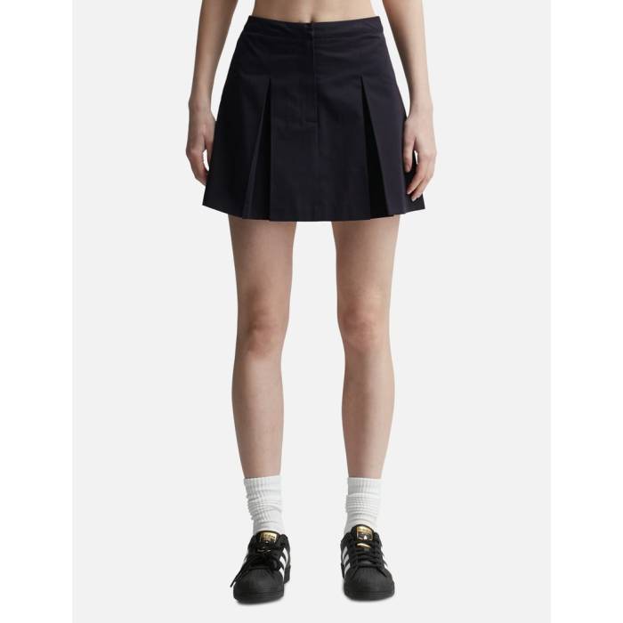 Sporty \u0026 Rich 【 Serif Logo Box Pleat Skirt Women Navy 】 ロゴ ボックス レディース 紺色 ネイビー