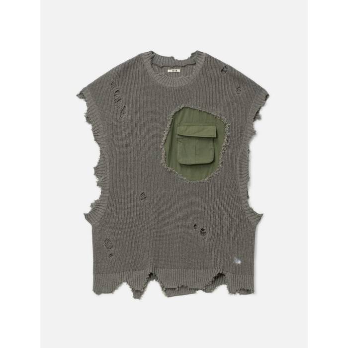 Khoki 【 Destroyed Knit Vest Men Grey 】 編み物 より良い メンズ 薄墨色 薄墨色