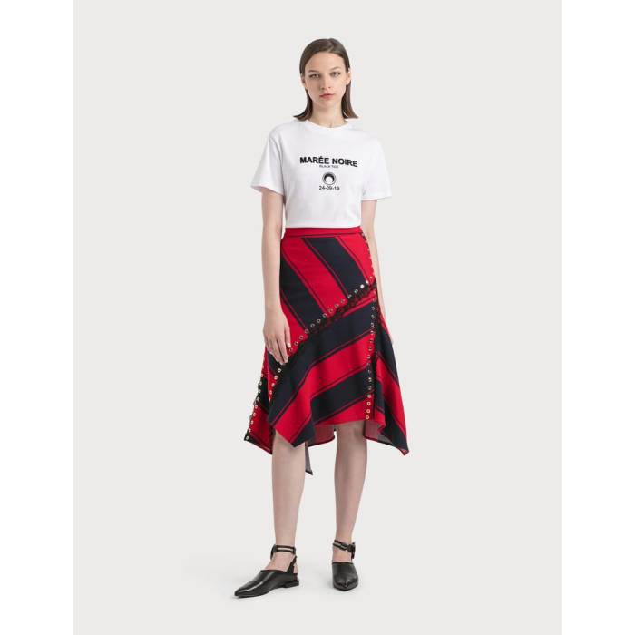 【 Stripy Asymmetrical Midi Skirt Women Navy Red Stripe 】 レディース 紺色 ネイビー Red 赤・レッド Stripe ストライプ|スニケス