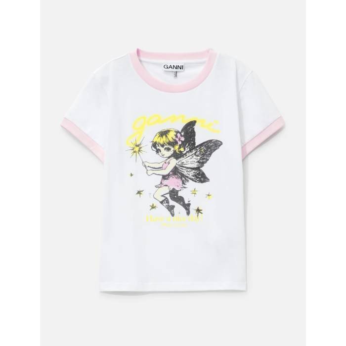 ガニー Ganni 【 Fairy Print Baby Fit T-Shirt Women Bright White 】 ティーシャツ レディース 白いこと 白いこと