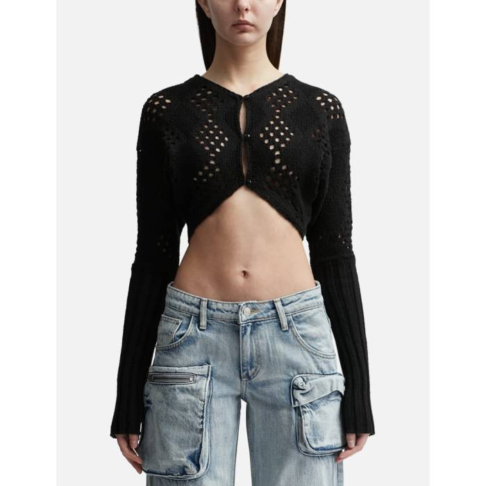 Open Yy 【 Argyle Pointelle Knit Bolero Women Black 】 ニット レディース 黒色 ブラック｜スニケス