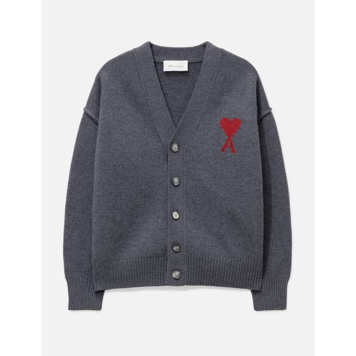 意中の女 Ami 【 Cardigan With Contrasted  De Coeur Unisex Heather Grey/Red 】 ジレー ユニ一発やる heather ギョリュウモドキ 薄墨色 薄墨色 Red 赤・赤いこと