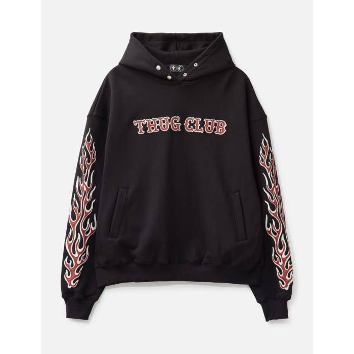 Thug Club 【 Leather Flame Hoodie Men Black 】 レザー フーディー パーカー メンズ 黒色 ブラック