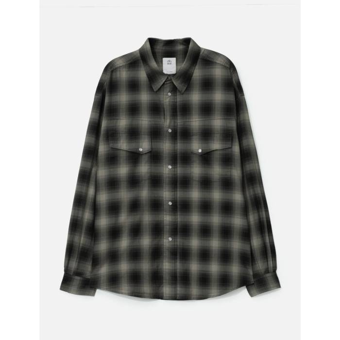 Polyteru 【 Loose Check Western Shirt Men Charcoal Ombre 】 ウェスタン メンズ 暗灰色 メンズファッション-カジュアルシャツ