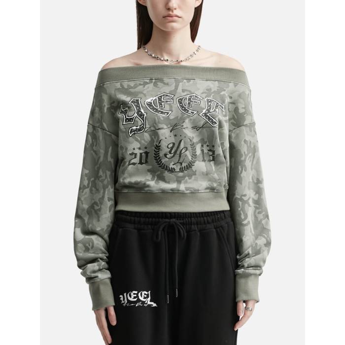 Yeel 【 Graphic Off-Shoulder Cropped Top Camo Women Camo 】 グラフィック 家鴨柄 レディース 家鴨柄