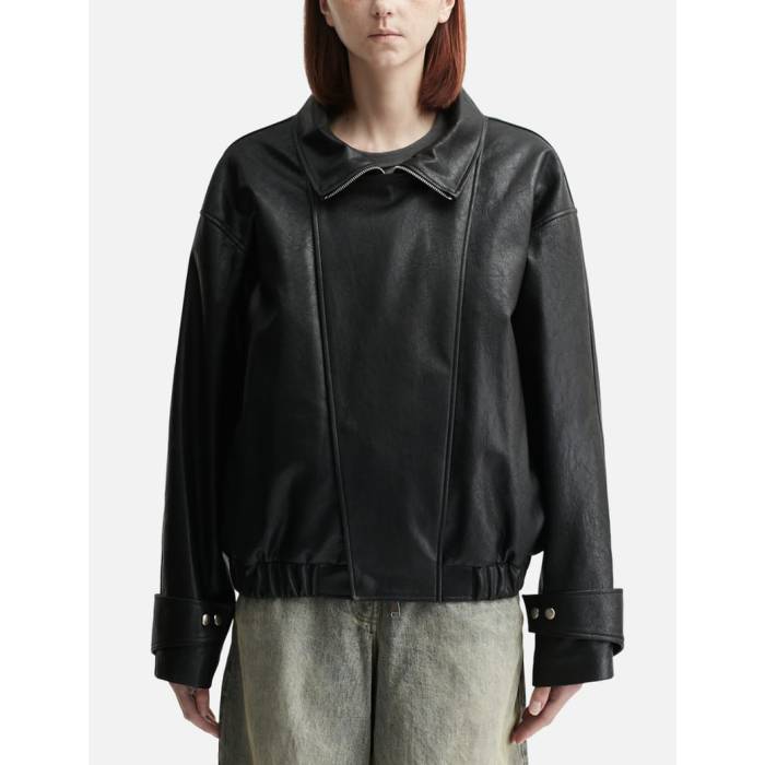 Deinet 【 Faux Leather Bomber Jacket Unisex Black 】 レザー Jacket ジャケット ユニセックス 黒色 ブラック