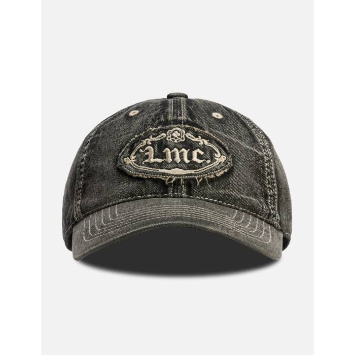Lmc 【 Washed Denim Gothic Oval 6 Panel Cap Men Black 】 ジーンズ 旗がしら かぶり笠 メンズ 黒いこと 黒いこと