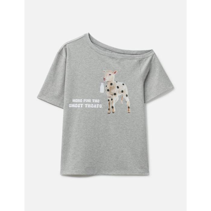 Markgong 【 Off-Shoulder Short Sleeve T-Shirt With Sweet Treat Sheep Print Women Gray 】 Sleeve 捩り プルオーバー レディース gray 薄墨色・薄墨色・薄墨色