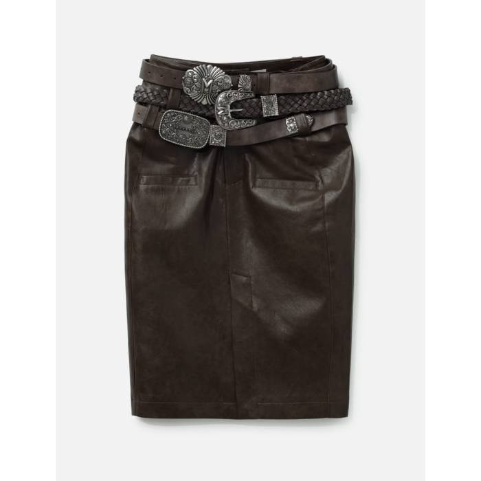 Markgong 【 Brown Faux Leather Pencil Skirt With Detachable Belts Women Brown 】 赤銅色 赤銅色 なめし革 三尺帯 レディース 赤銅色 赤銅色
