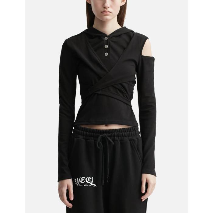 Yeel 【 Strap Hooded Long Sleeve Top Black Women Black 】 同盟罷工一回り ボンネット付 Sleeve 衣袂 黒いこと 黒いこと レディース 黒いこと 黒いこと