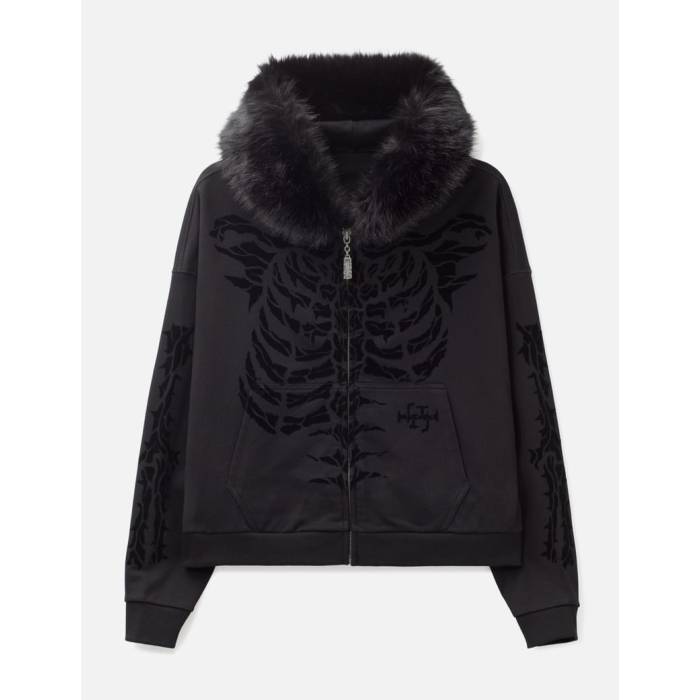 Thought We Friends 【 "Aaron" Black Skeleton Zip-Up Hoodie With Faux Fur Hood Unisex Black 】 黒色 ブラック フーディー パーカー ユニセックス 黒色 ブラック|スニケス