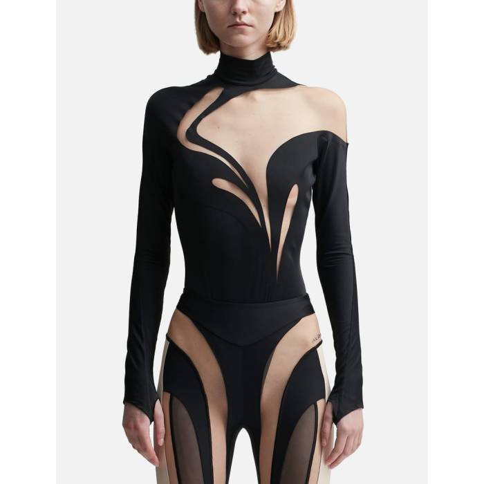 Mugler 【 Swirly Bodysuit Women Black/Nude 】 ボディースーツ レディース 黒色 ブラック