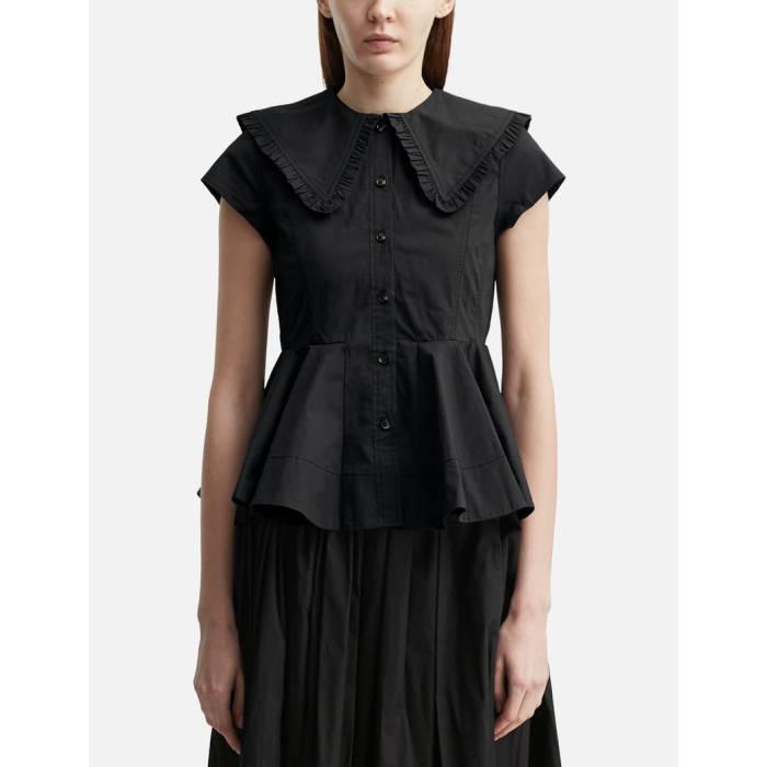ガニー Ganni 【 Short Cotton Ruffle Shirt Women Black 】 レディース 黒いこと 黒いこと